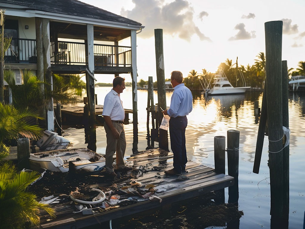 Two men stand on a weathered dock, discussing the damaged surroundings at sunset, with boats anchored nearby and lush palm trees.