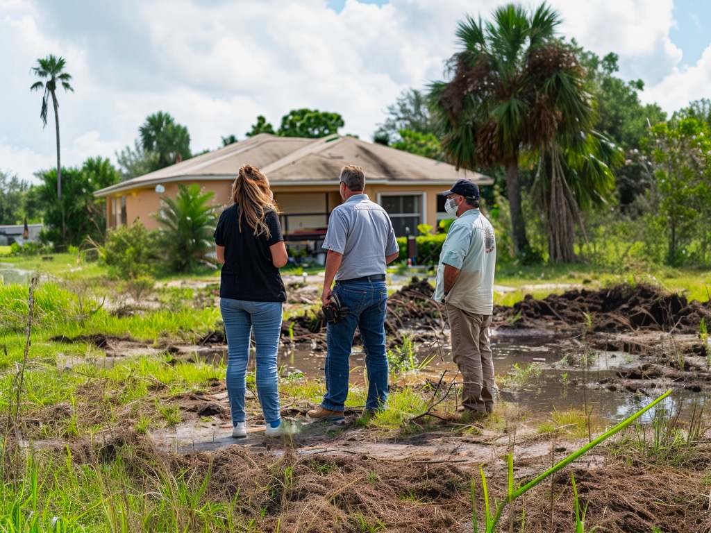 Three people observe a flooded yard with a house in the background, discussing the landscape and vegetation, under a partly cloudy sky.